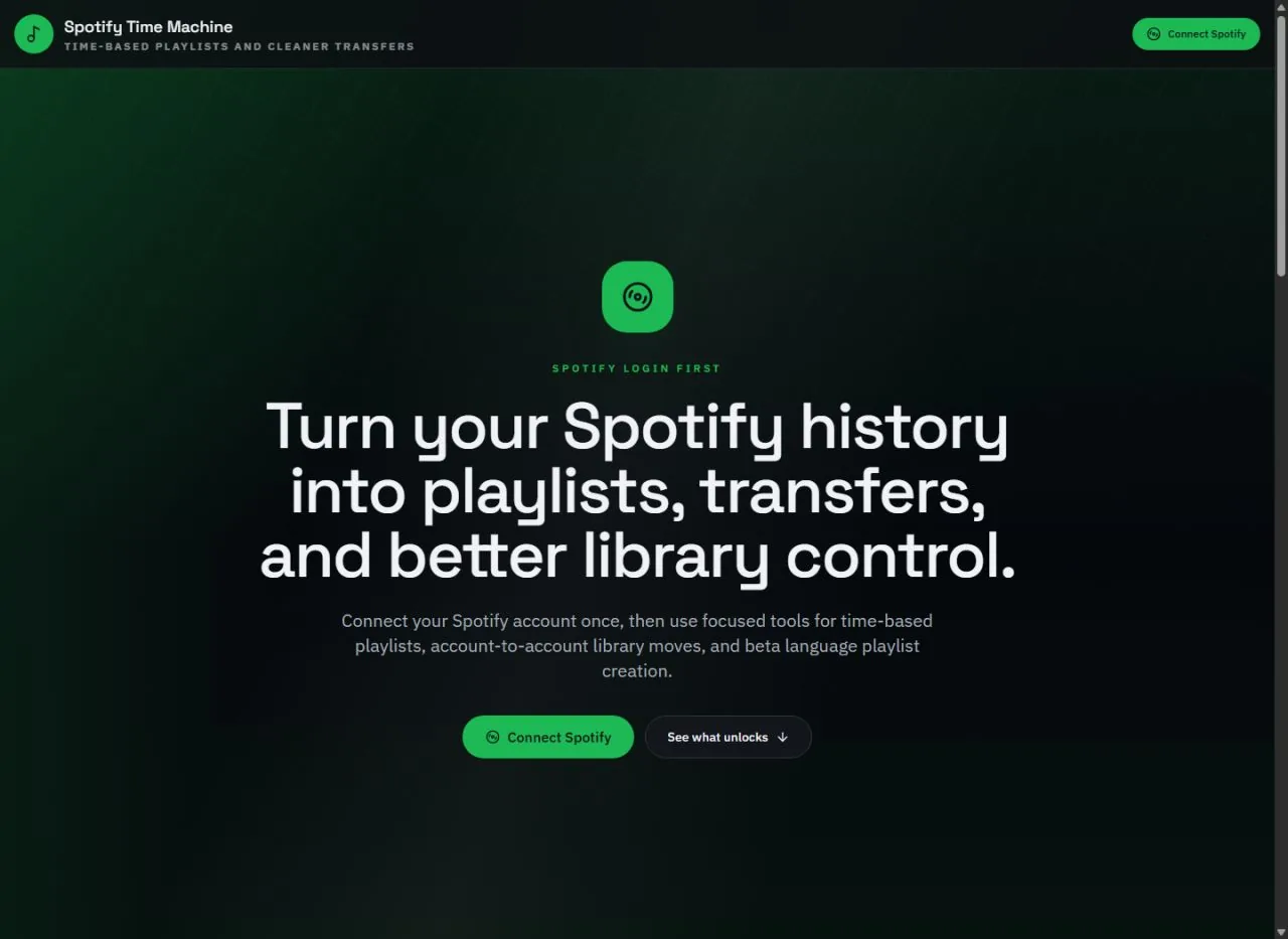 Spotify Time Machine landing page screenshot
